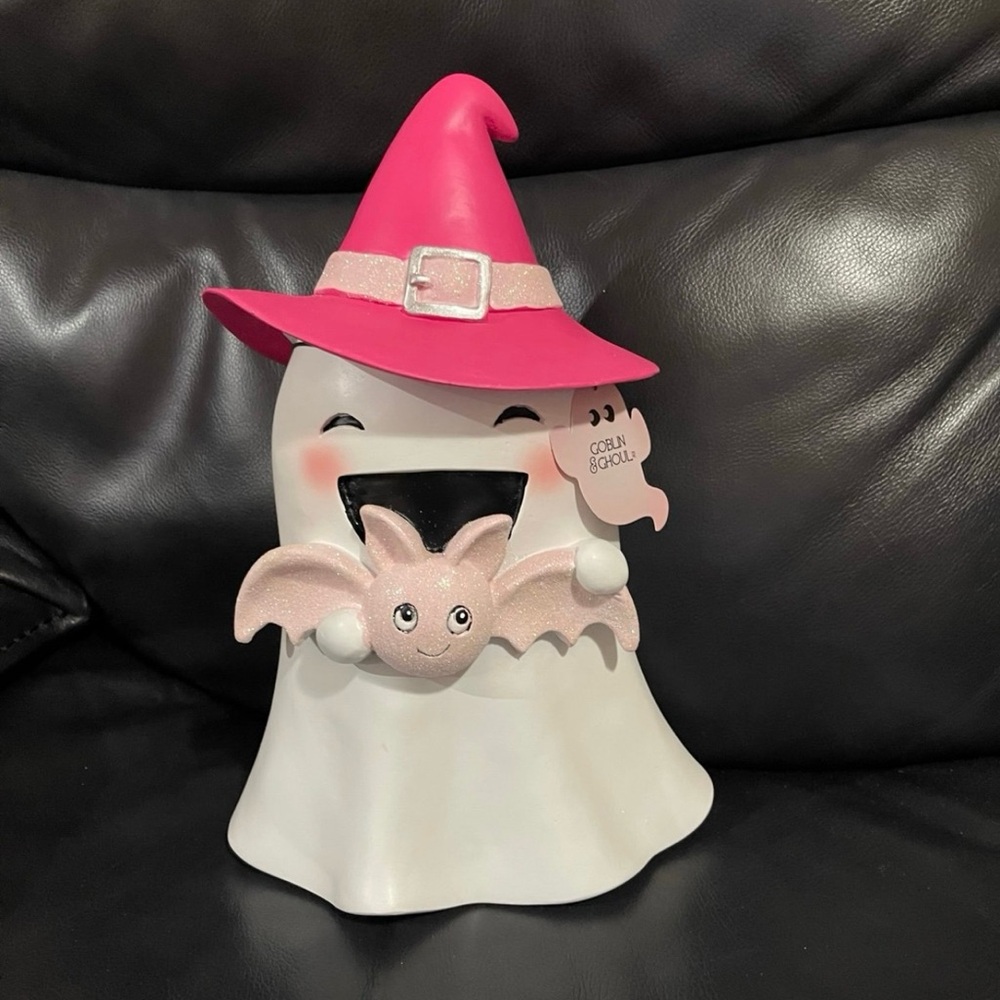 Ghost with Witch Hat and Pink Bat Halloween Decor